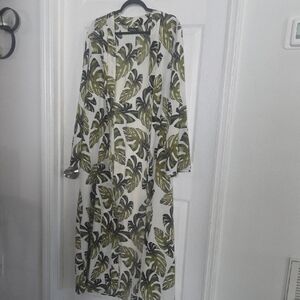 Boohoo White Maxi Swim Coverup with Olive Leaf Print
